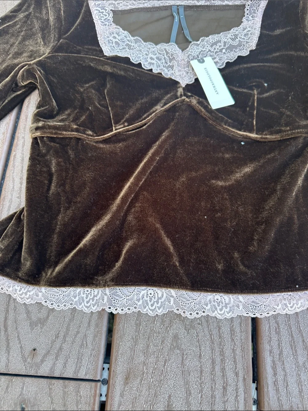 Anthropologie Brown Velvet Top with Cream Lace Trim